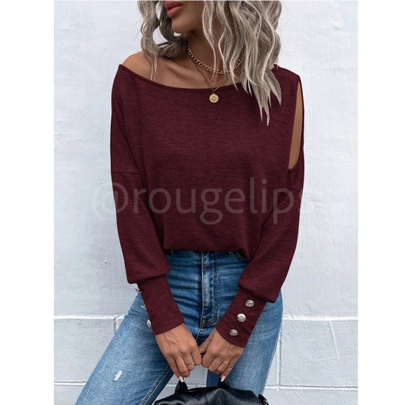 Burgundy One Cold Shoulder Asymmetric Boat Neck Long Sleeve Tee Shirt - Picture 2 of 9